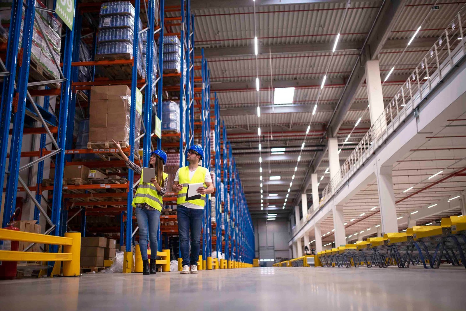 Warehouse staff reviewing stock along high-bay racking