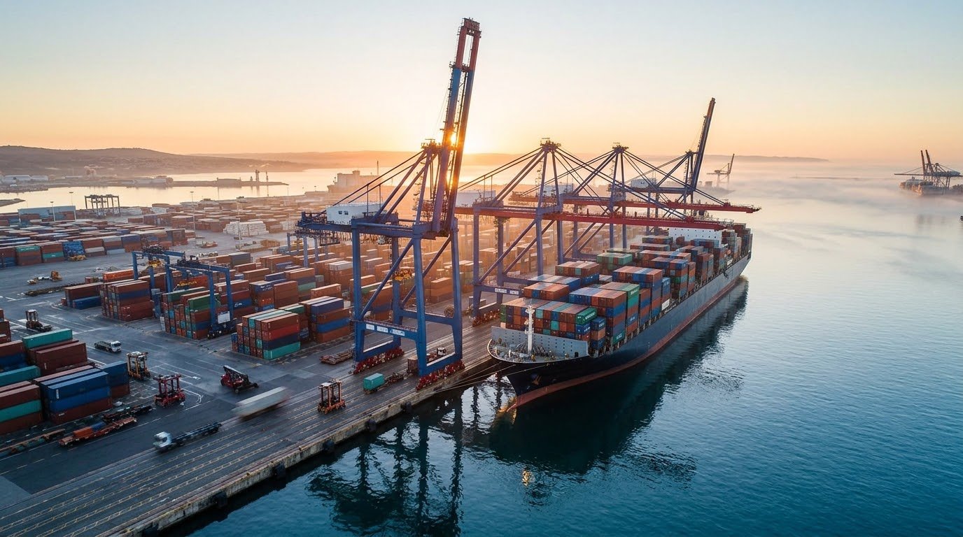 International container port terminal at dawn