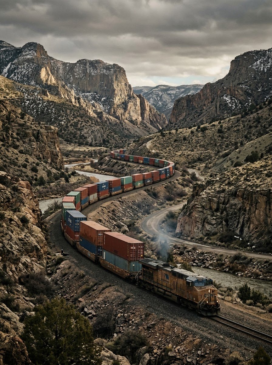 Intermodal freight train carrying containers through a mountain corridor